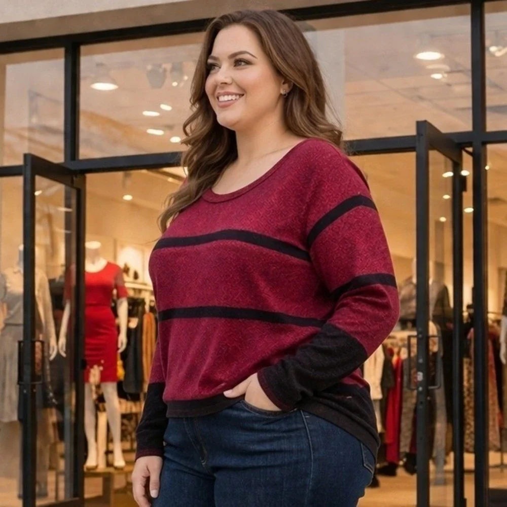 Venus Womens 2X Metallic Sparkle Striped Sweater Burgundy‎ Black Scoop Neck Knit